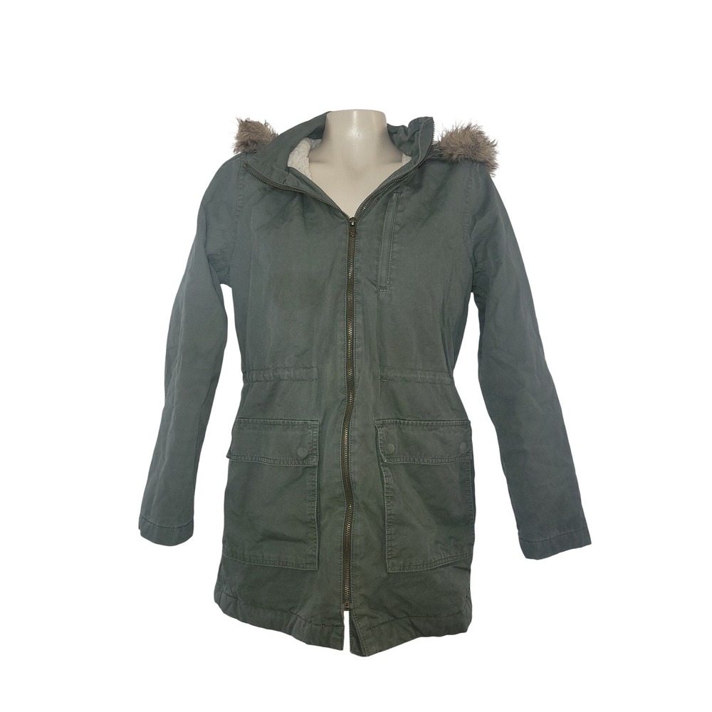 Gap Womens Green Sherpa Lined Faux Fur Trim Hooded Utility Parka Jacket M casual